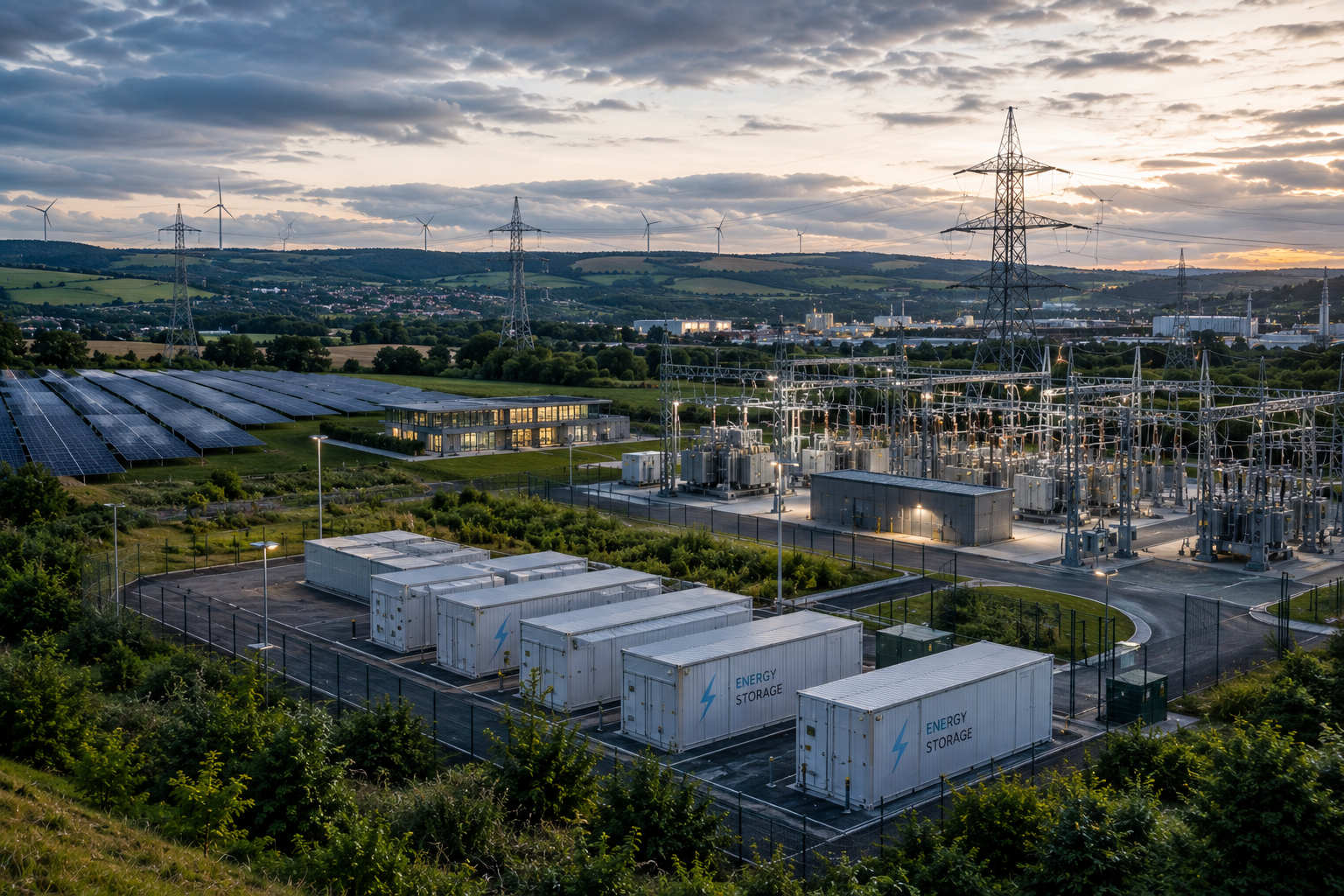 Renewable energy storage infrastructure at dusk supporting energy system flexibility and resilience